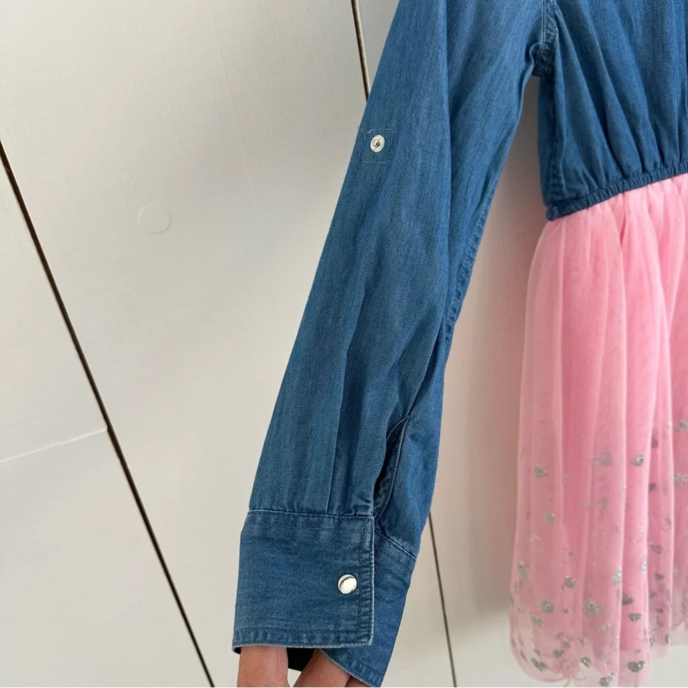 Girls Justice Denim Tulle Dress Sz 8 Sparkle Hearts Long Sleeve